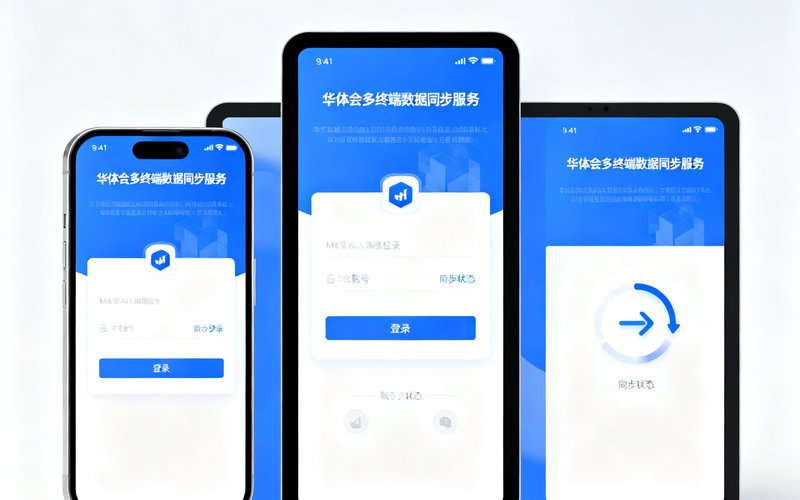 华体会多终端数据同步服务展示，手机、平板和电脑三端无缝切换，同一账号数据实时同步的界面效果